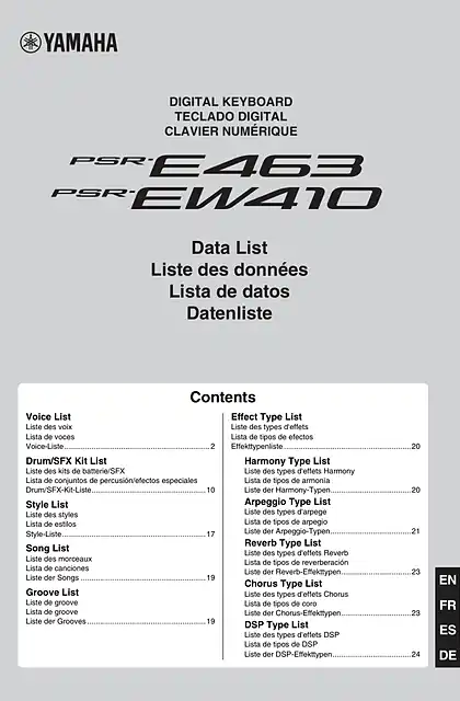 yamaha雅马哈PSR-E463 PSR-EW410 Data List